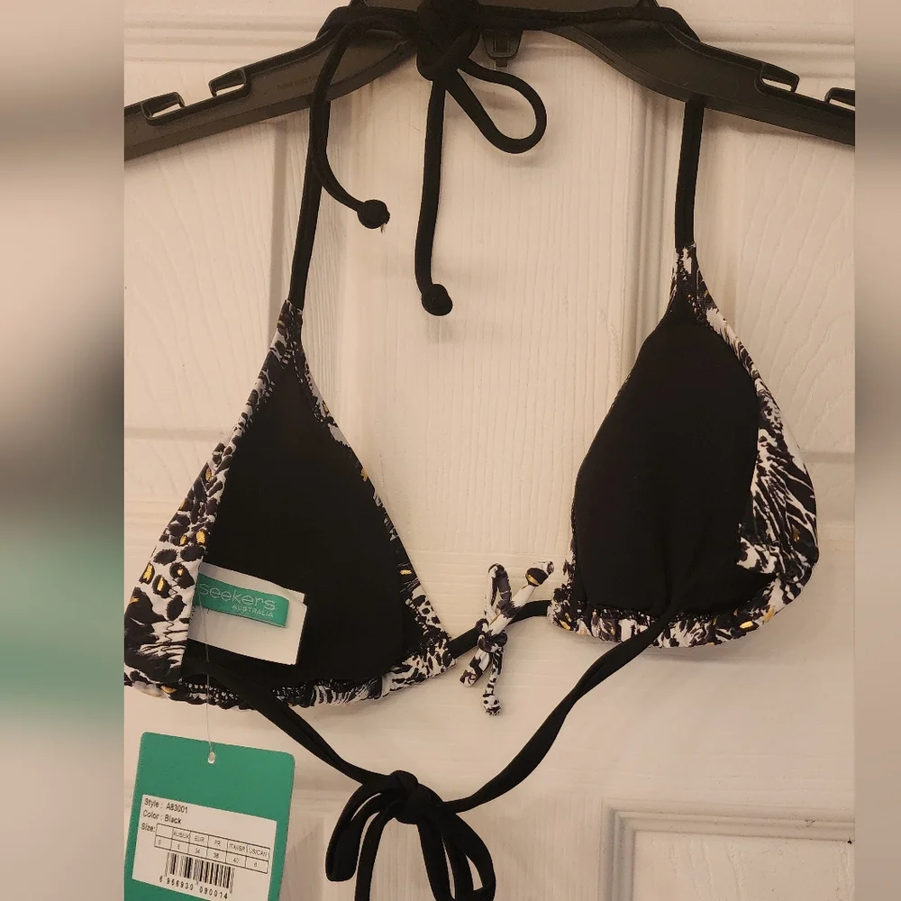 SEEKERS Australia White Tiger Triangle bikini black/white/gold SM top/Med Bottom